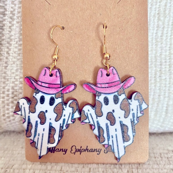 Cowgirl Ghost earrings wooden ghost Summerween earrings - Picture 1 of 8
